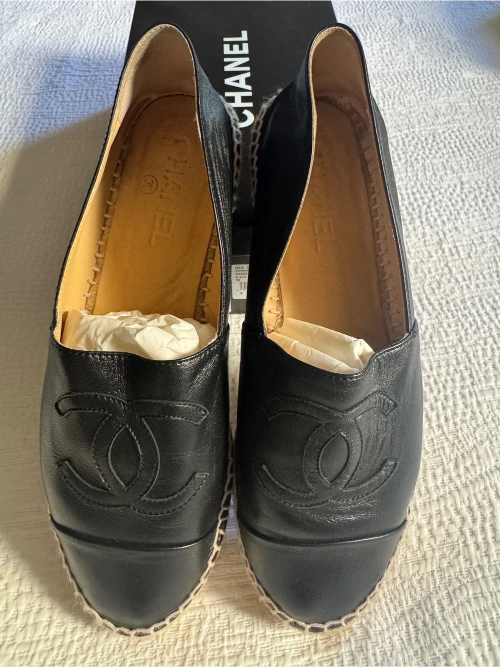 Chanel Rev Black Leather Espadrille Slip-On Shoes 39